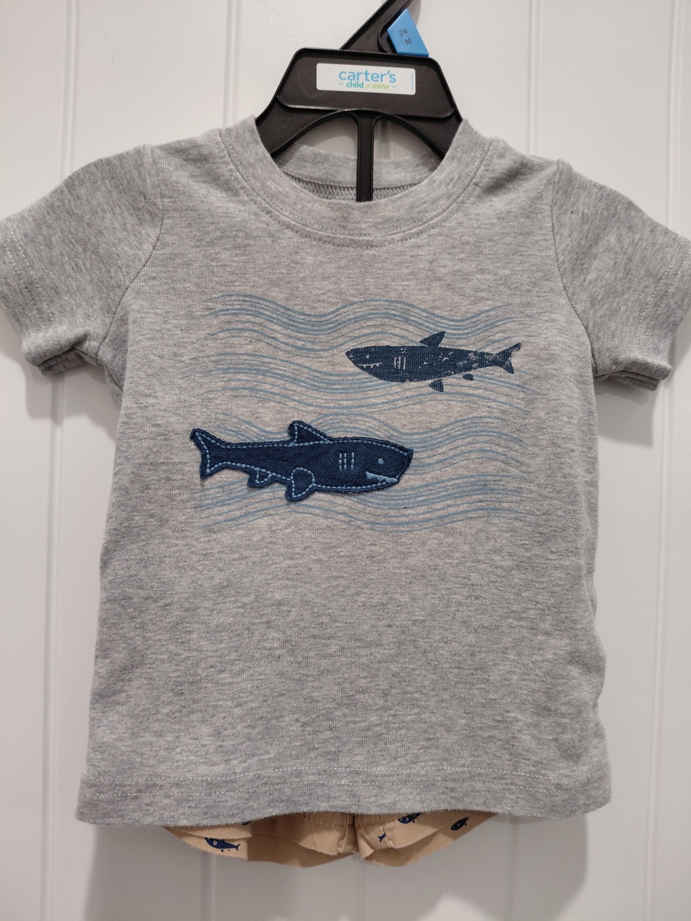 Carter's Gray Tee with Navy Shark Appliqués